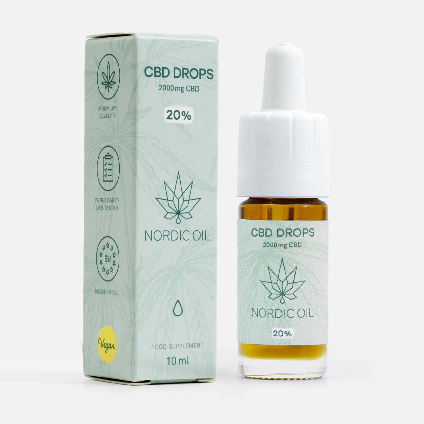 una botella nordic oil cbd drops 20% con el paquete al lado