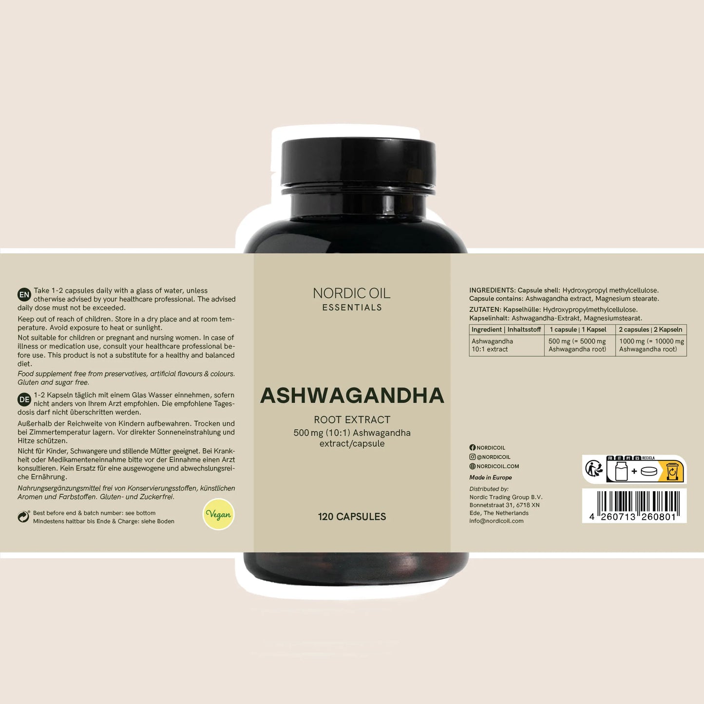 Botella de cápsulas con extracto de raíz de ashwagandha, Nordic Oil Essentials, 120 cápsulas.