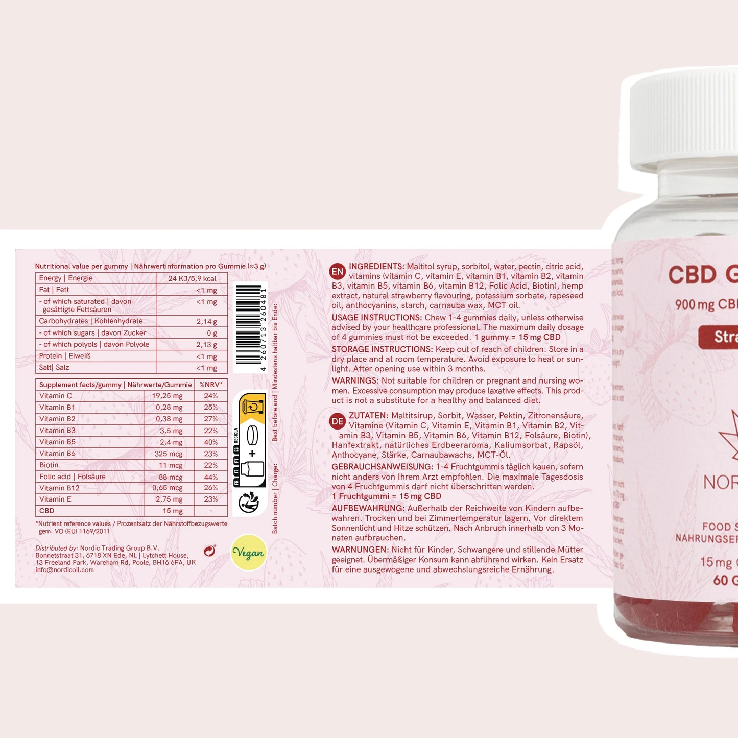 Frasco de gomitas de CBD junto a una caja con etiqueta rosa e información nutricional