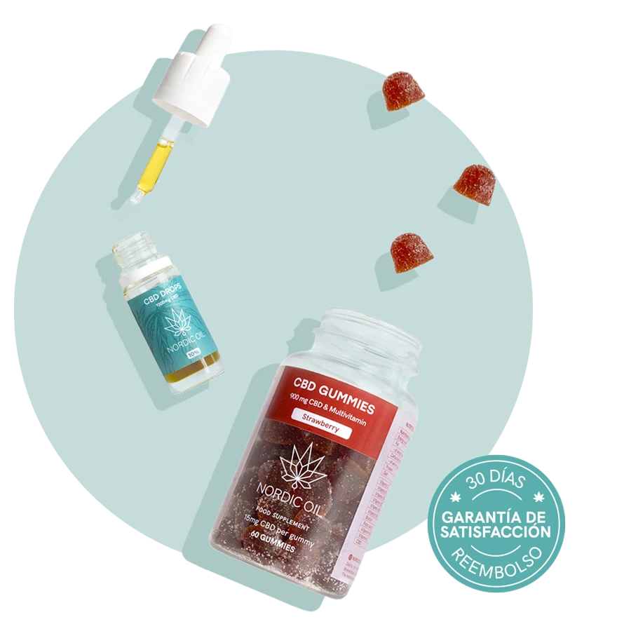 Conjunto de productos CBD de Nordic Oil: gotas de CBD, gomitas CBD sabor fresa y sello de garantía.