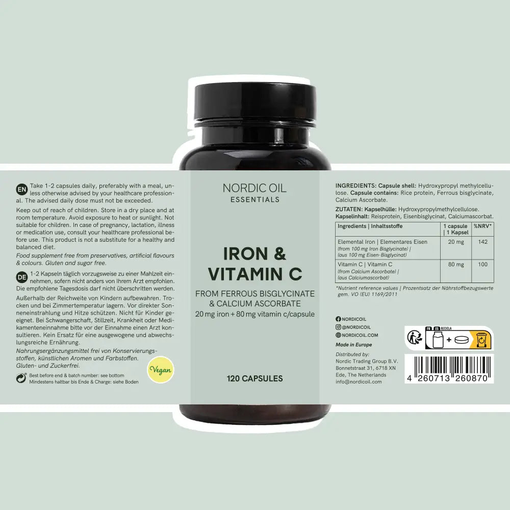 Envase de Nordic Oil Essentials Iron & Vitamin C, 120 cápsulas