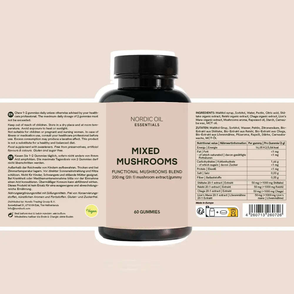 Frasco de Nordic Oil Essentials con gomitas de hongos mixtos (mezcla de hongos funcionales)