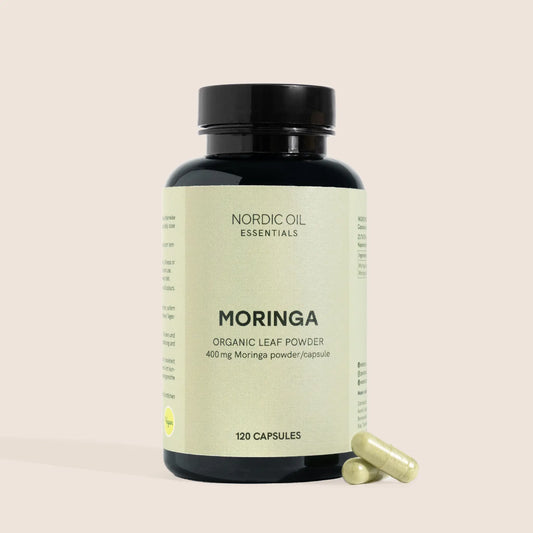 Botella de Nordic Oil Essentials con cápsulas de moringa orgánica (120 cápsulas)