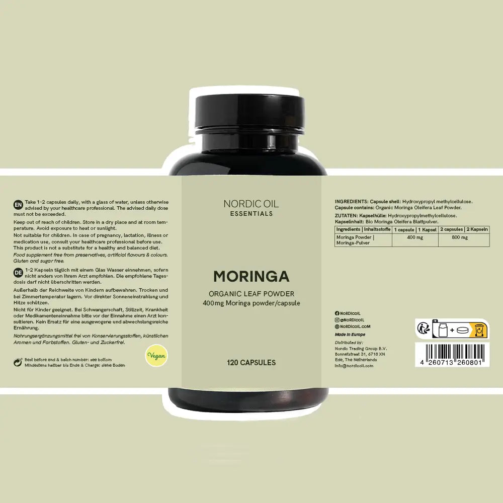 Botella de cápsulas de moringa en polvo orgánico (120 cápsulas) de Nordic Oil