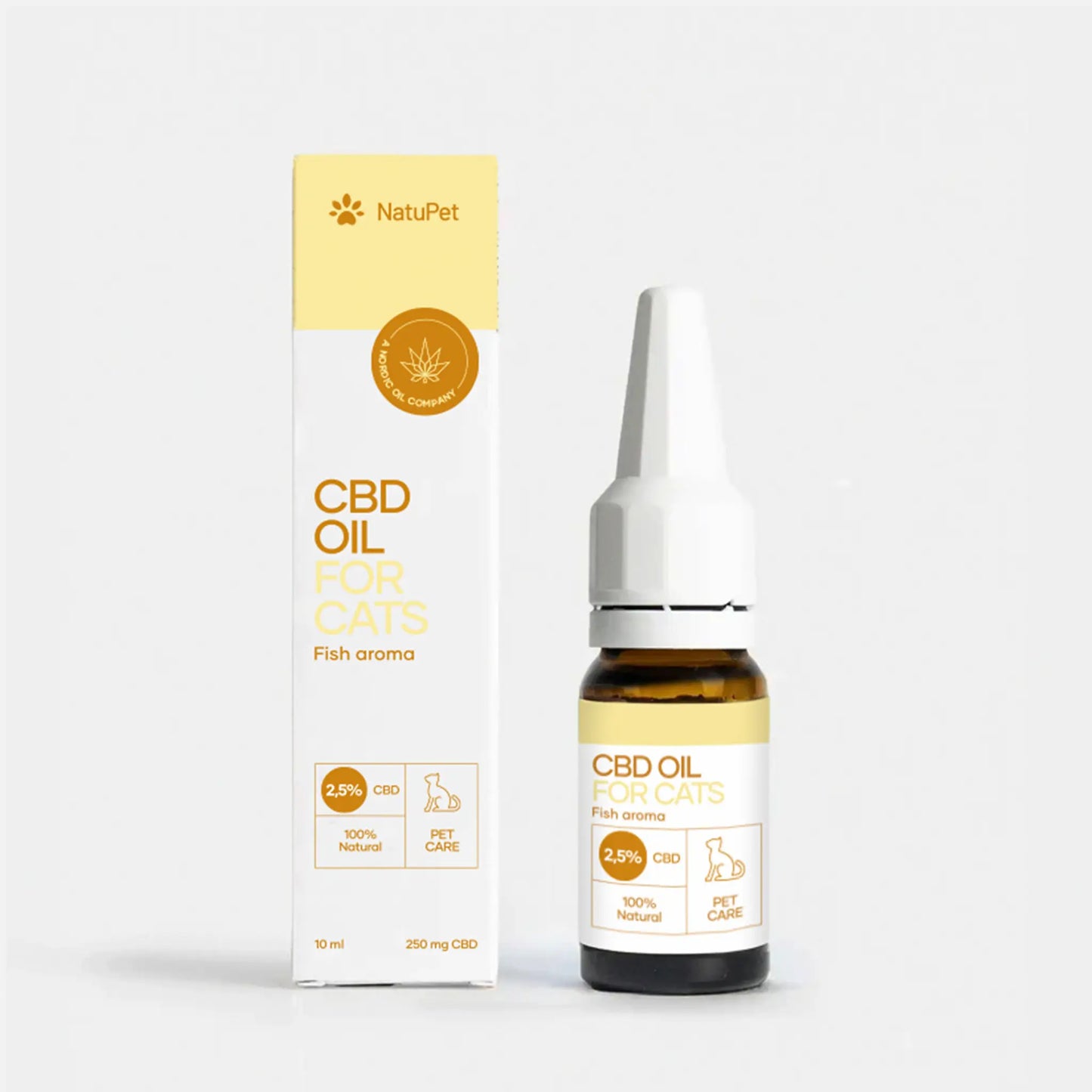 Aceite de CBD para gatos con aroma a pescado, botella con gotero junto a caja
