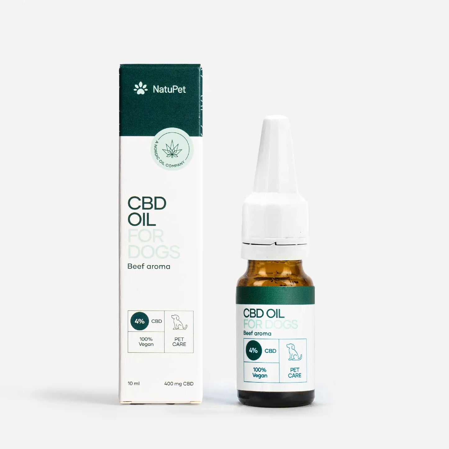 Aceite de CBD para perros con aroma a carne, en frasco con gotero junto a la caja