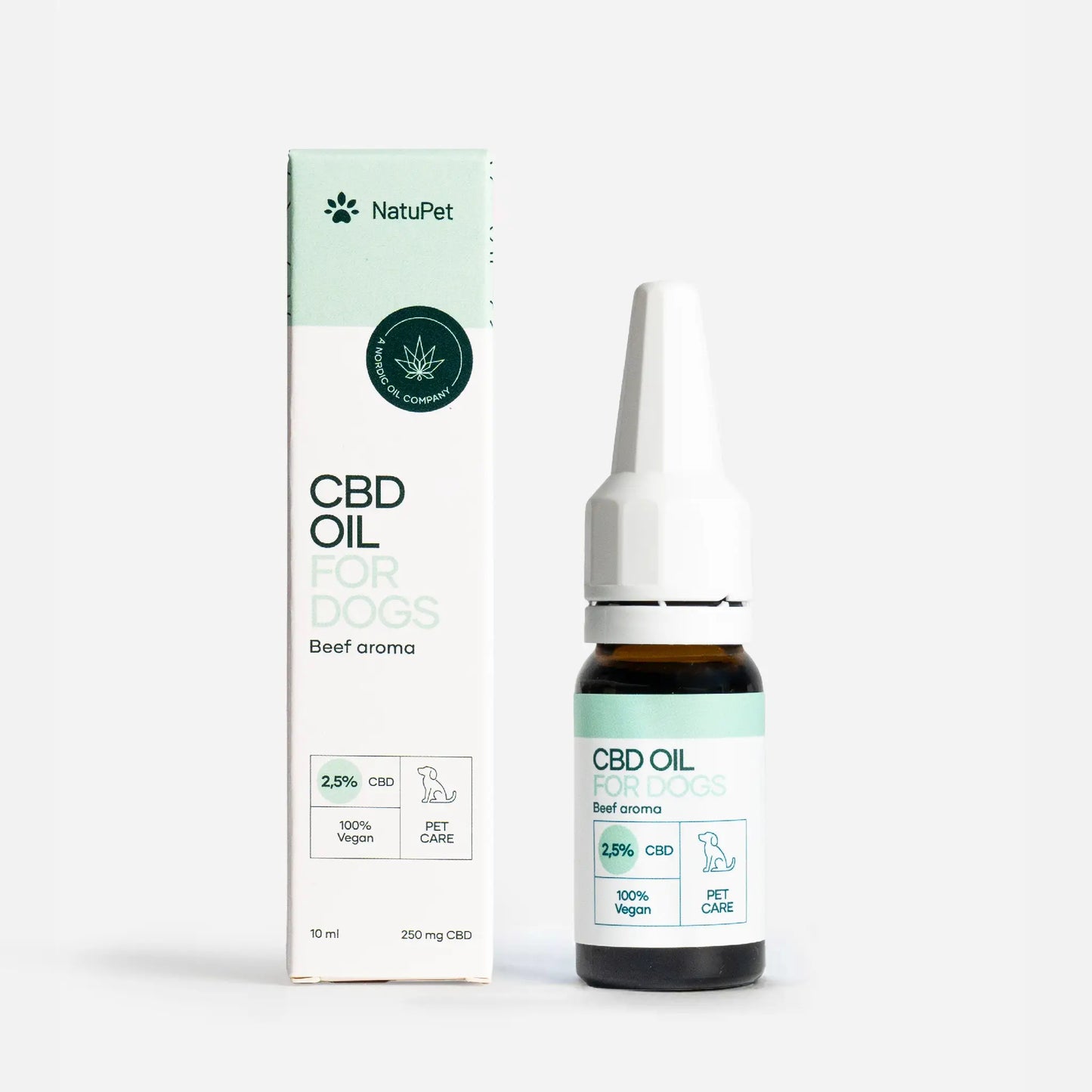Aceite de CBD para perros con aroma a ternera, botella con cuentagotas y caja