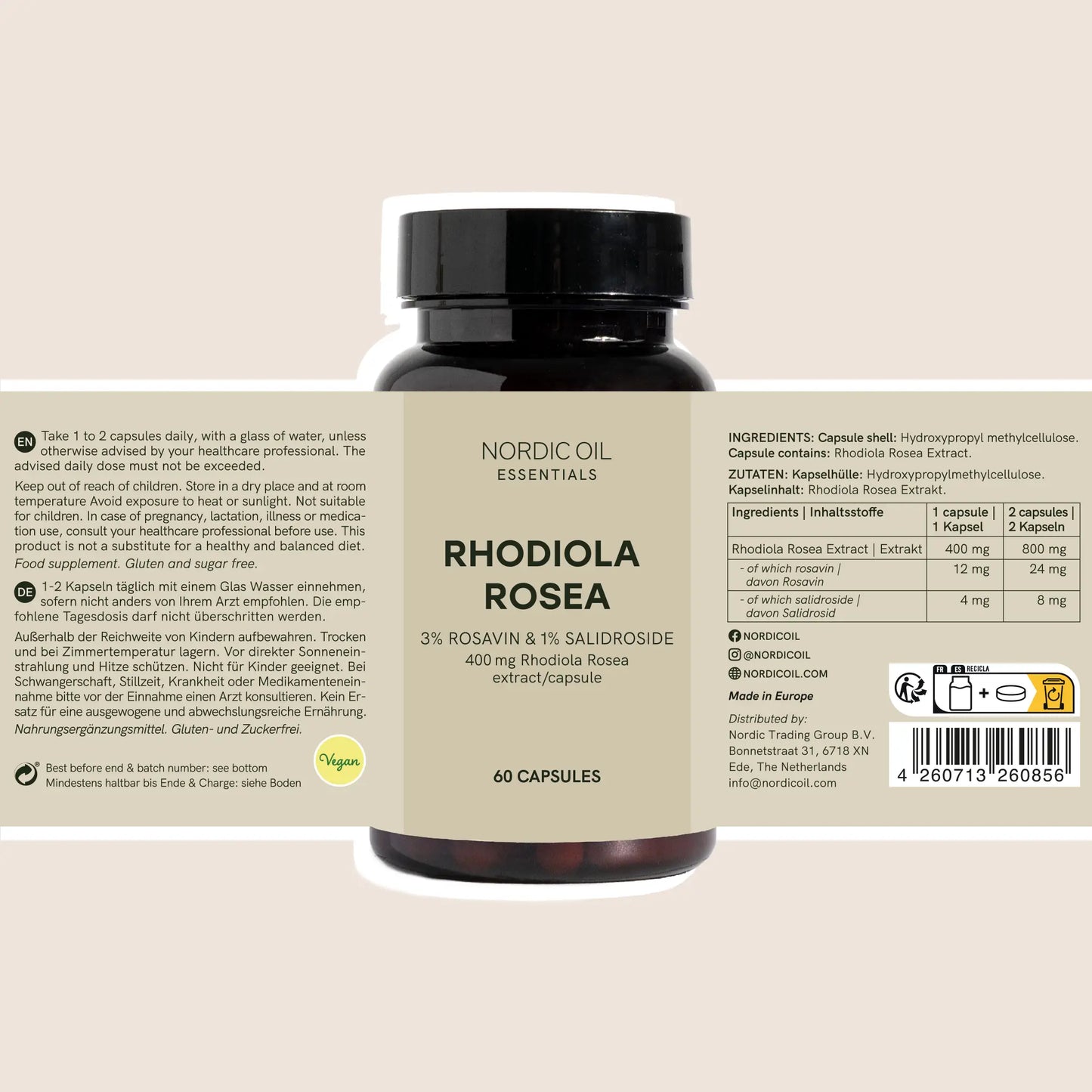 Frasco de cápsulas de Rhodiola Rosea de Nordic Oil Essentials