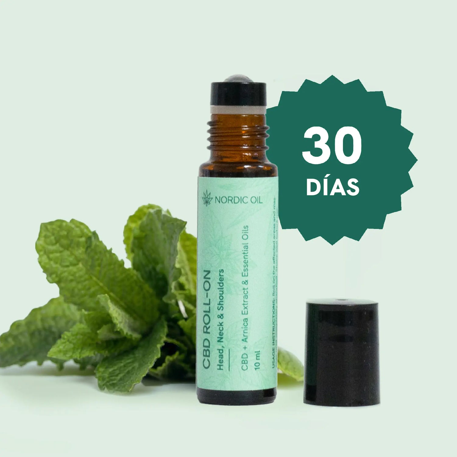 Frasco de aceite de CBD Nordic Oil con hojas de menta e insignia de 30 días