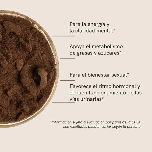 Shilajit en polvo en un cuenco sobre fondo beige con texto promocional en español.