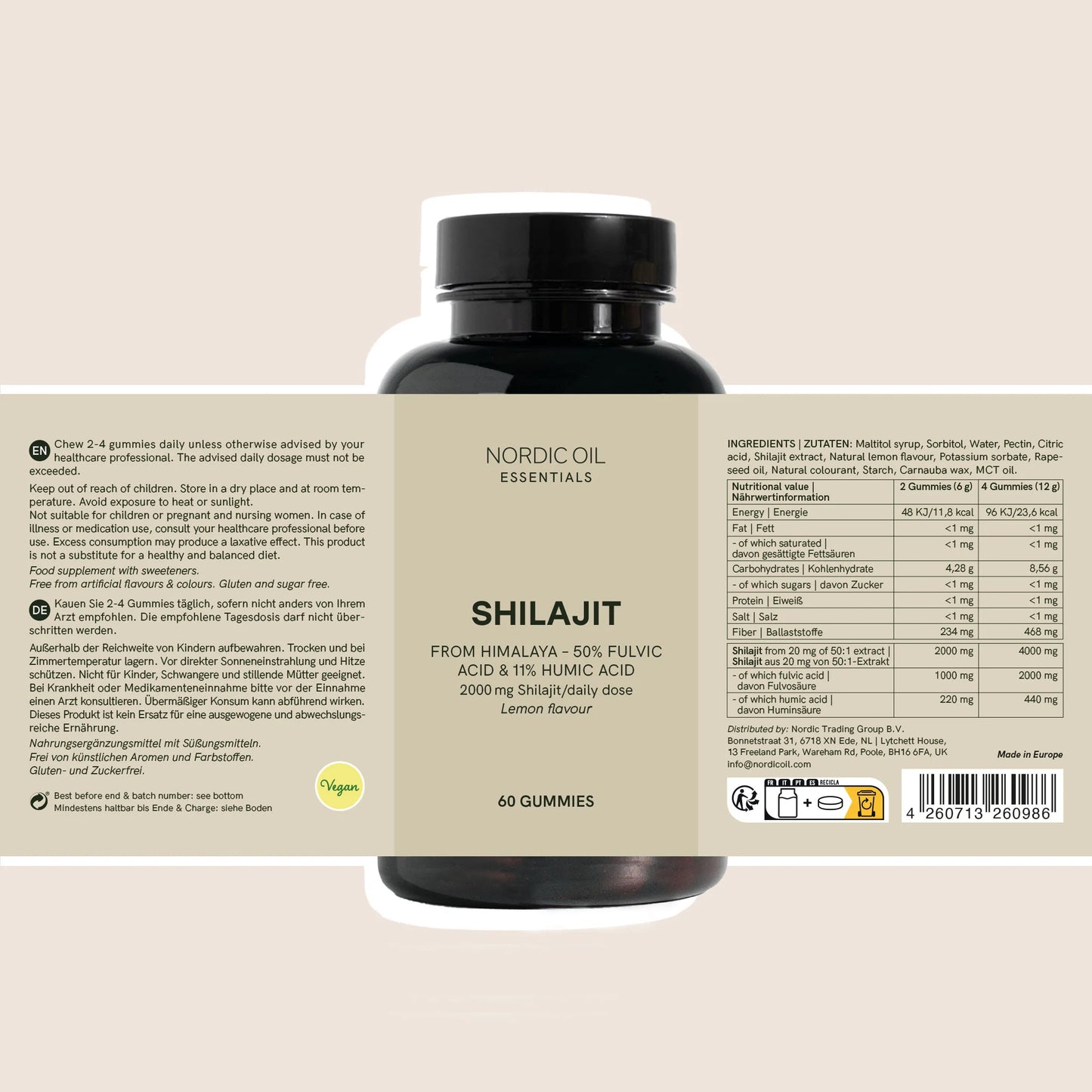 Frasco oscuro de Nordic Oil Essentials Shilajit Gummies con etiqueta beige central que dice SHILAJIT, sabor limón y 60 gomitas.
