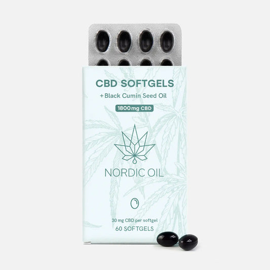 Caja de cápsulas blandas de CBD con aceite de comino negro, Nordic Oil, 60 cápsulas (30 mg CBD por cápsula)