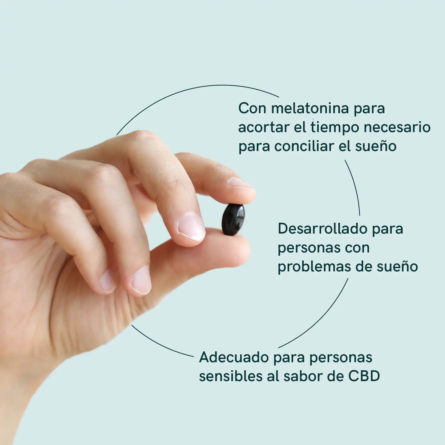 un mano sostiene una softgel con descripción: Con melatonina para acortar el tiempo necesario para conciliar el sueño; desarrollado para personas con problemas de sueño; adecuado para personas sensibles al sabor de cbd