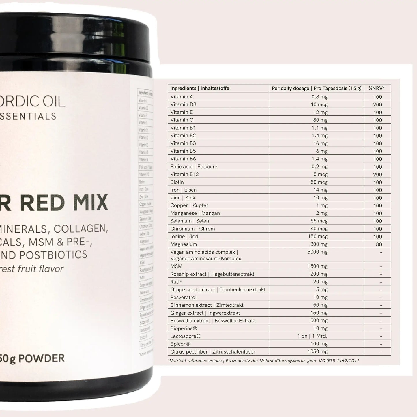 Botella de Nordic Oil Essentials con etiqueta visible que muestra una tabla de ingredientes y nutrientes