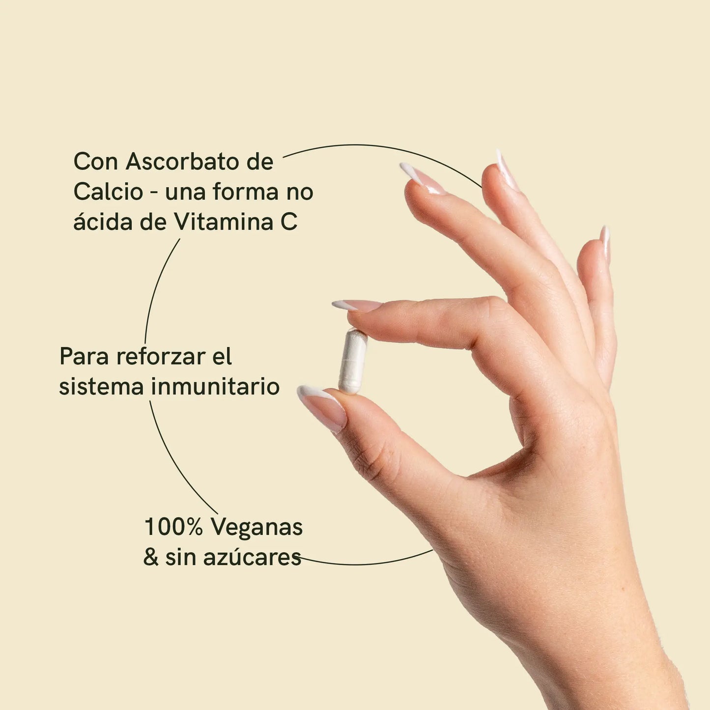 un mano sostiene una cápsula de vitamina c con información: con ascorbato de calcio una forma no ácida de Vitamina C; Para reforzar el sistema inmunitario; 100% Veganas & sin azúcares