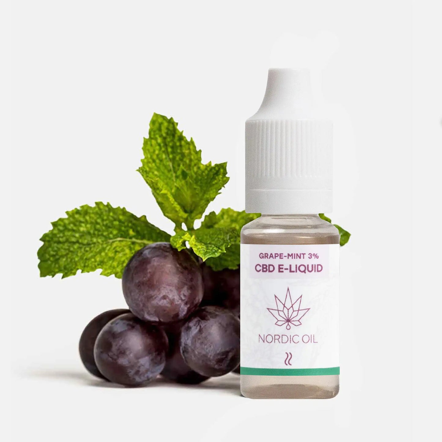 Una botella de E Liquid CBD Uva y Menta se encuentra junto a uvas y hojas de menta.