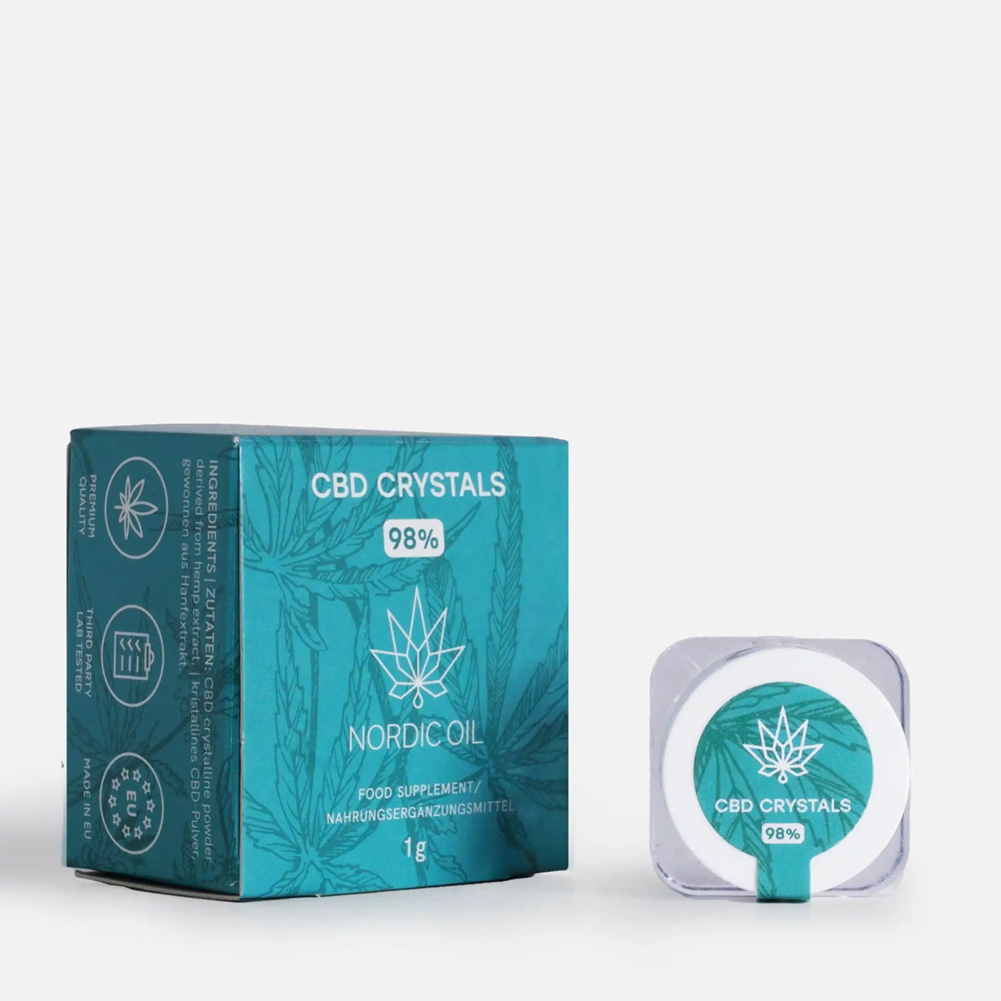 cristales de cbd junto al envase