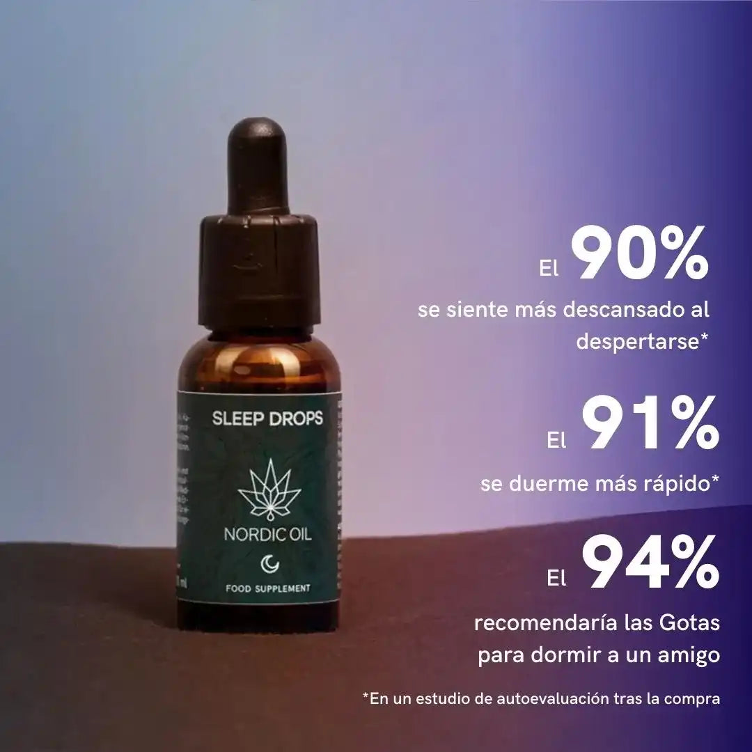 Frasco de Nordic Oil Sleep Drops con cuentagotas sobre fondo degradado azul y morado