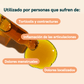 Gotero con aceite amarillo y globos de texto en tono coral que mencionan tortícolis, inflamación articular, dolores menstruales y dolores localizados.
