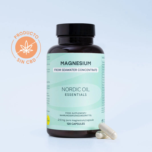 un paquete de capsulas magnesium de nordic oil con un certificado: producto sin cbd