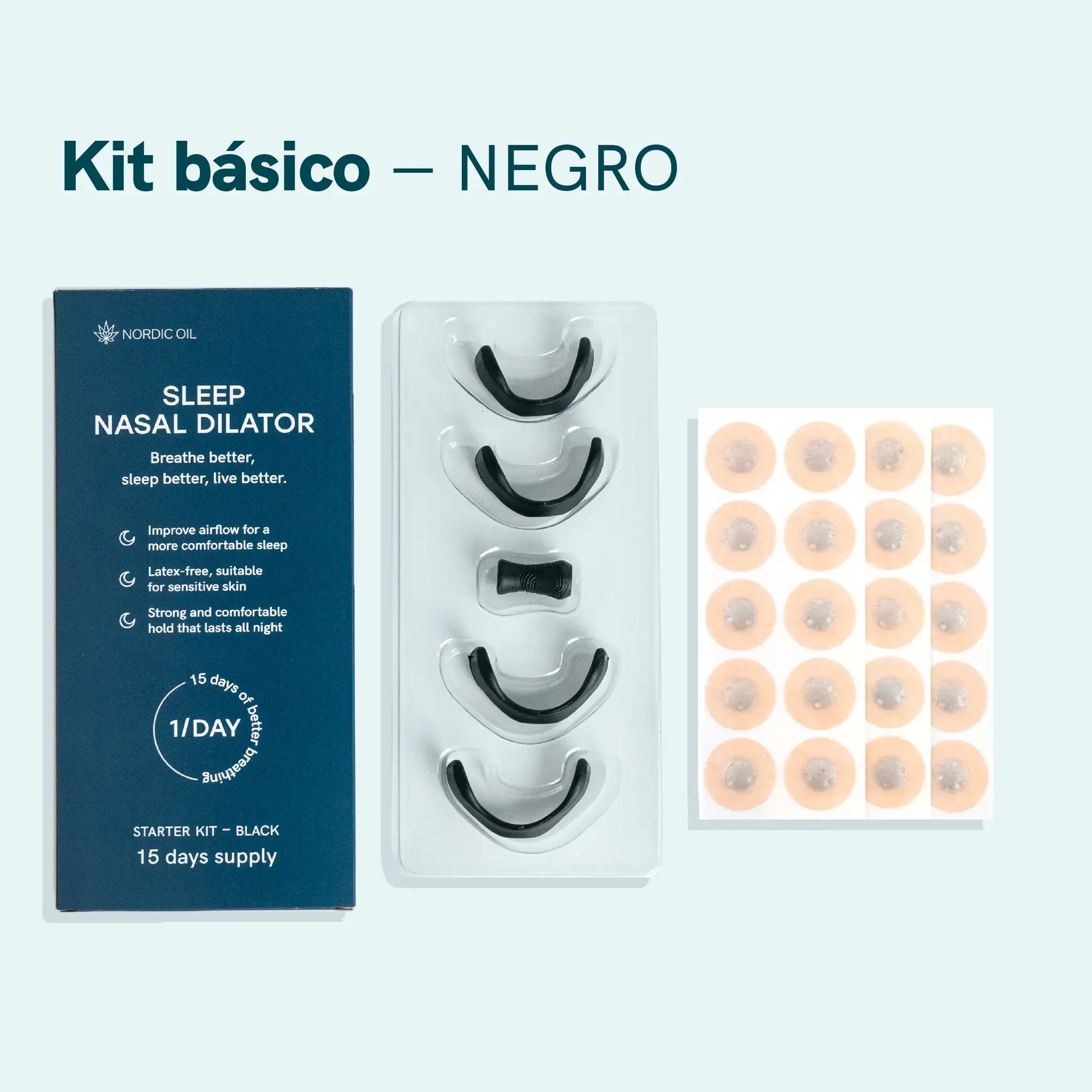 Kit básico negro de dilatador nasal con piezas y parches adhesivos