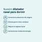 Infografía de dilatador nasal para dormir con iconos y beneficios en español: aumenta la absorción de oxígeno, disminuye el ritmo cardíaco, mejora la higiene bucal y aumenta los niveles de energía.