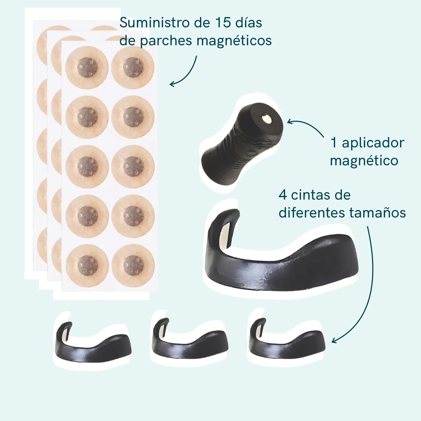 Kit de parches magnéticos de 15 días con un aplicador magnético y cintas de diferentes tamaños.