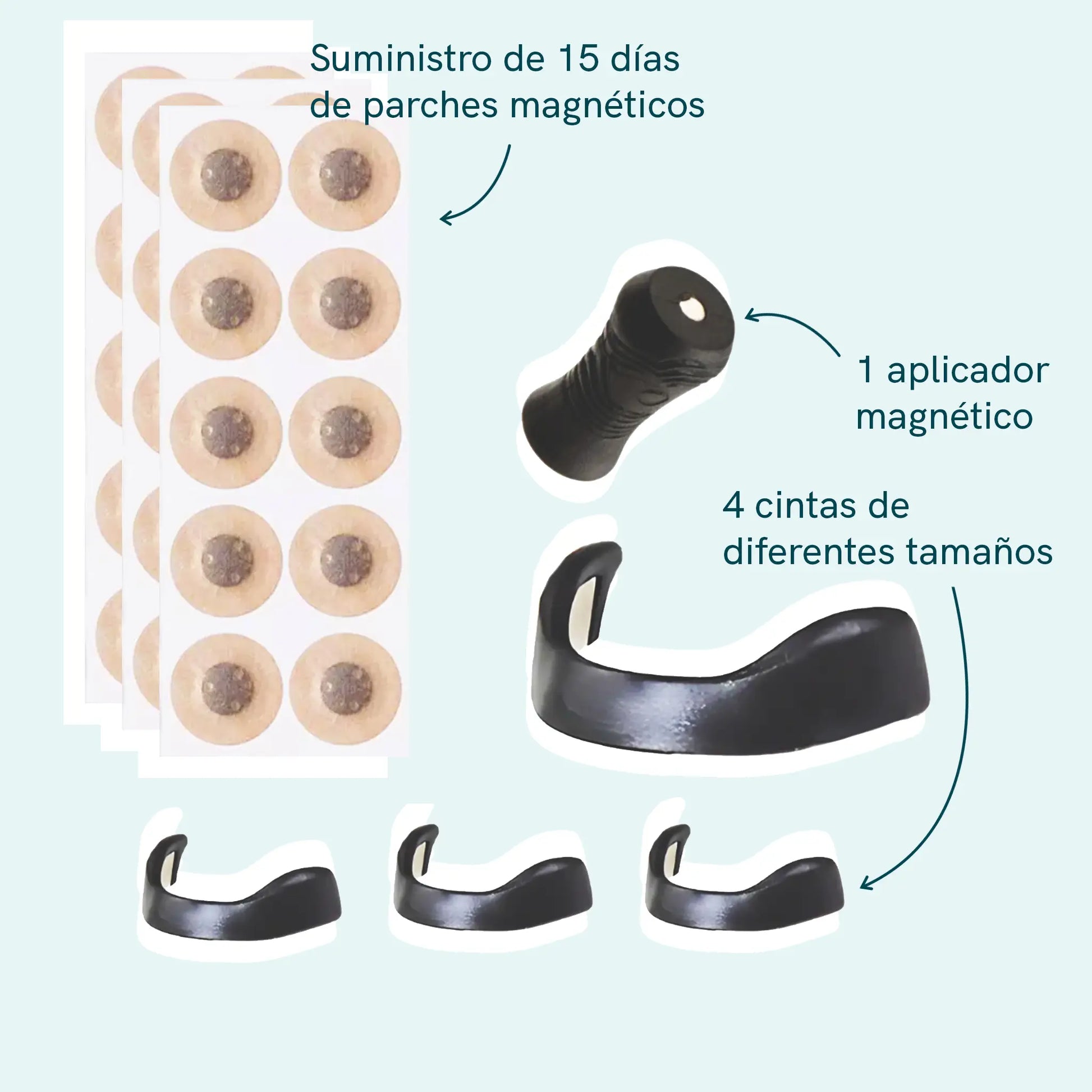 Kit de parches magnéticos de 15 días con un aplicador magnético y cintas de diferentes tamaños.