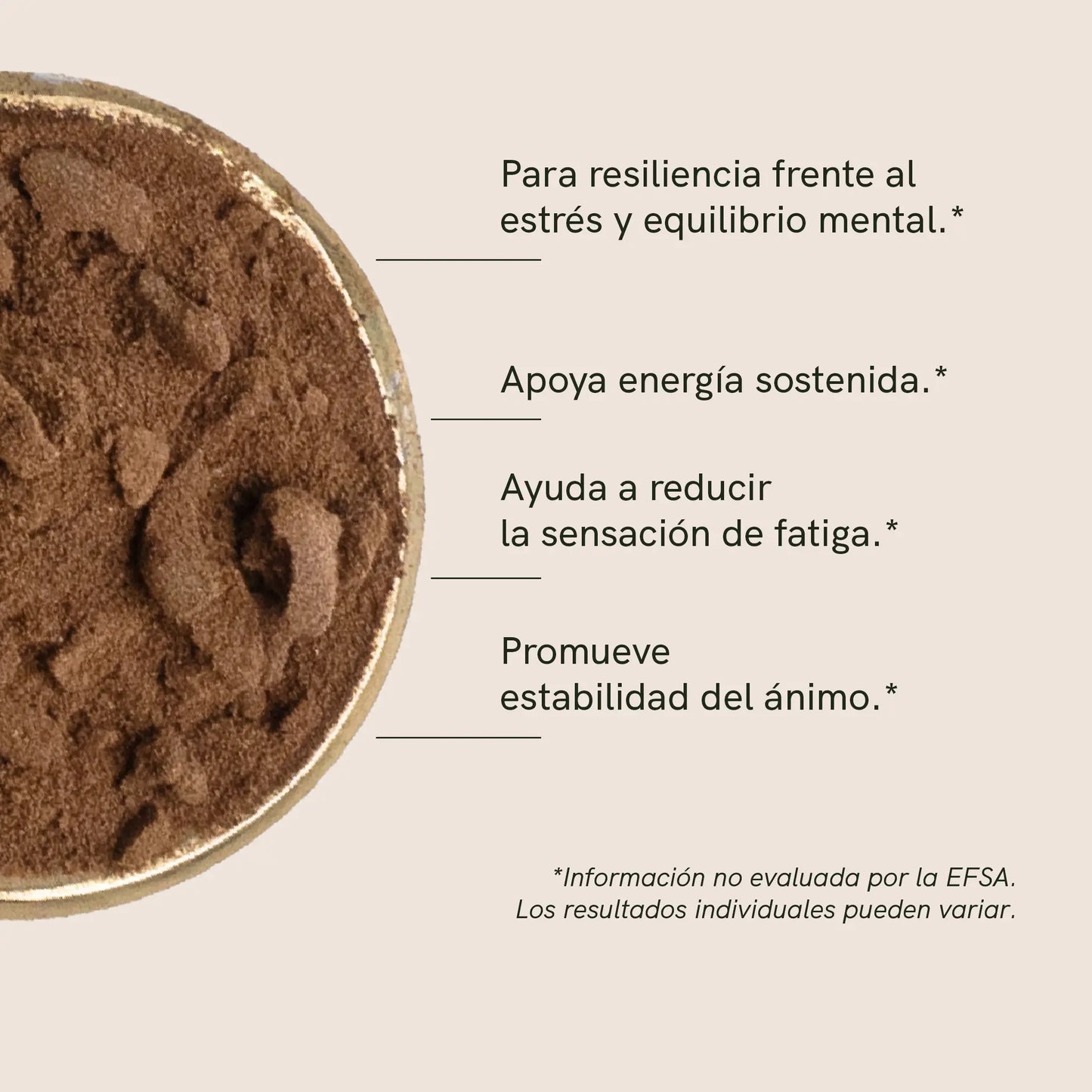 Cuenco con rhodiola en polvo sobre fondo beige, junto a texto promocional en español.