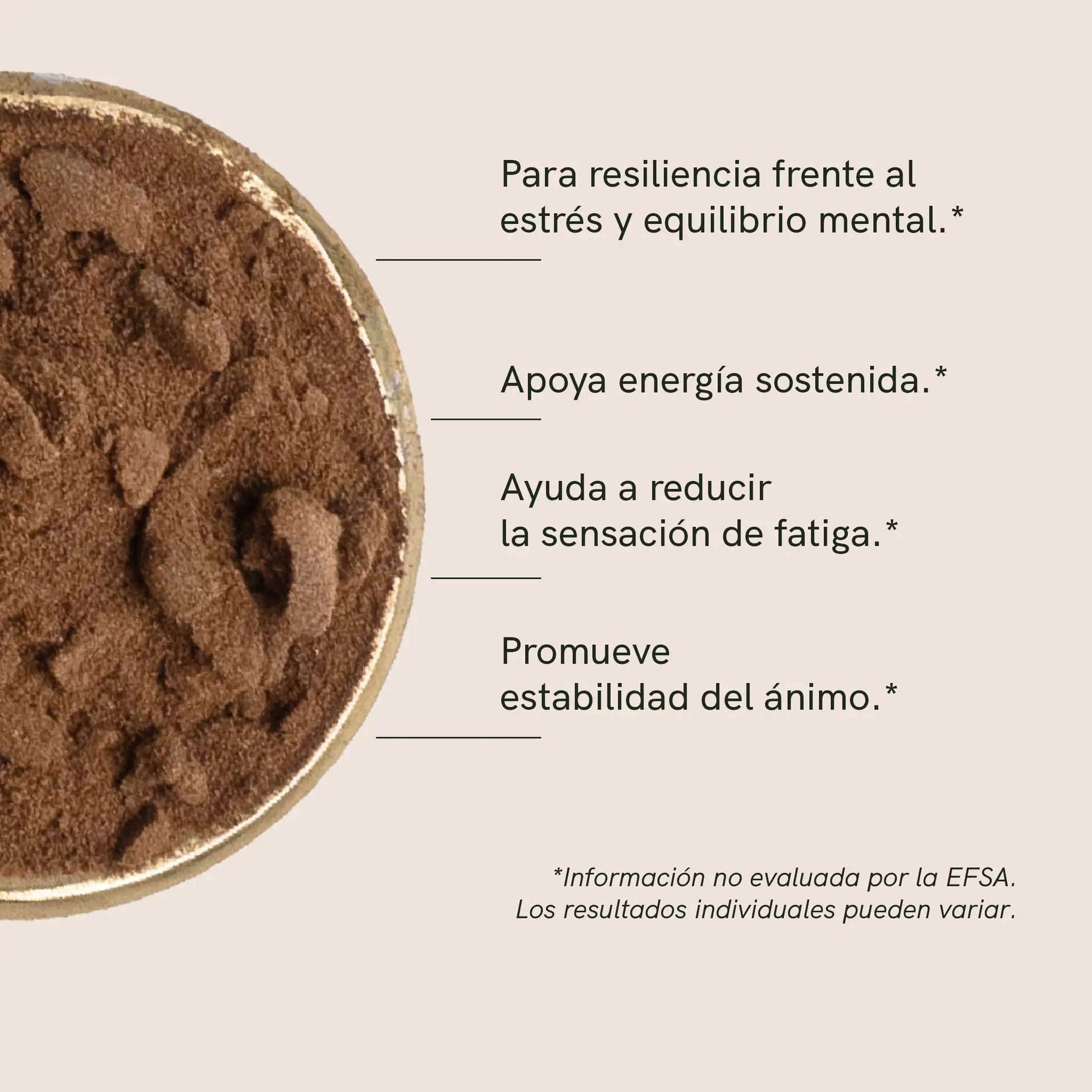 Cuenco con rhodiola en polvo sobre fondo beige, junto a texto promocional en español.