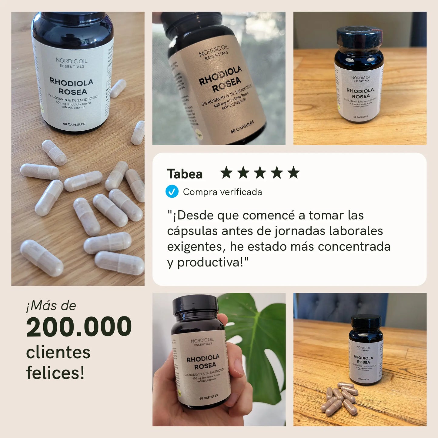 Conjunto de imágenes de cápsulas y una botella de Rhodiola Rosea Nordic Oil Essentials sobre una mesa de madera.