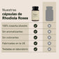 Banner informativo de cápsulas de Rhodiola Rosea de Nordic Oil con botella y tabla de características.