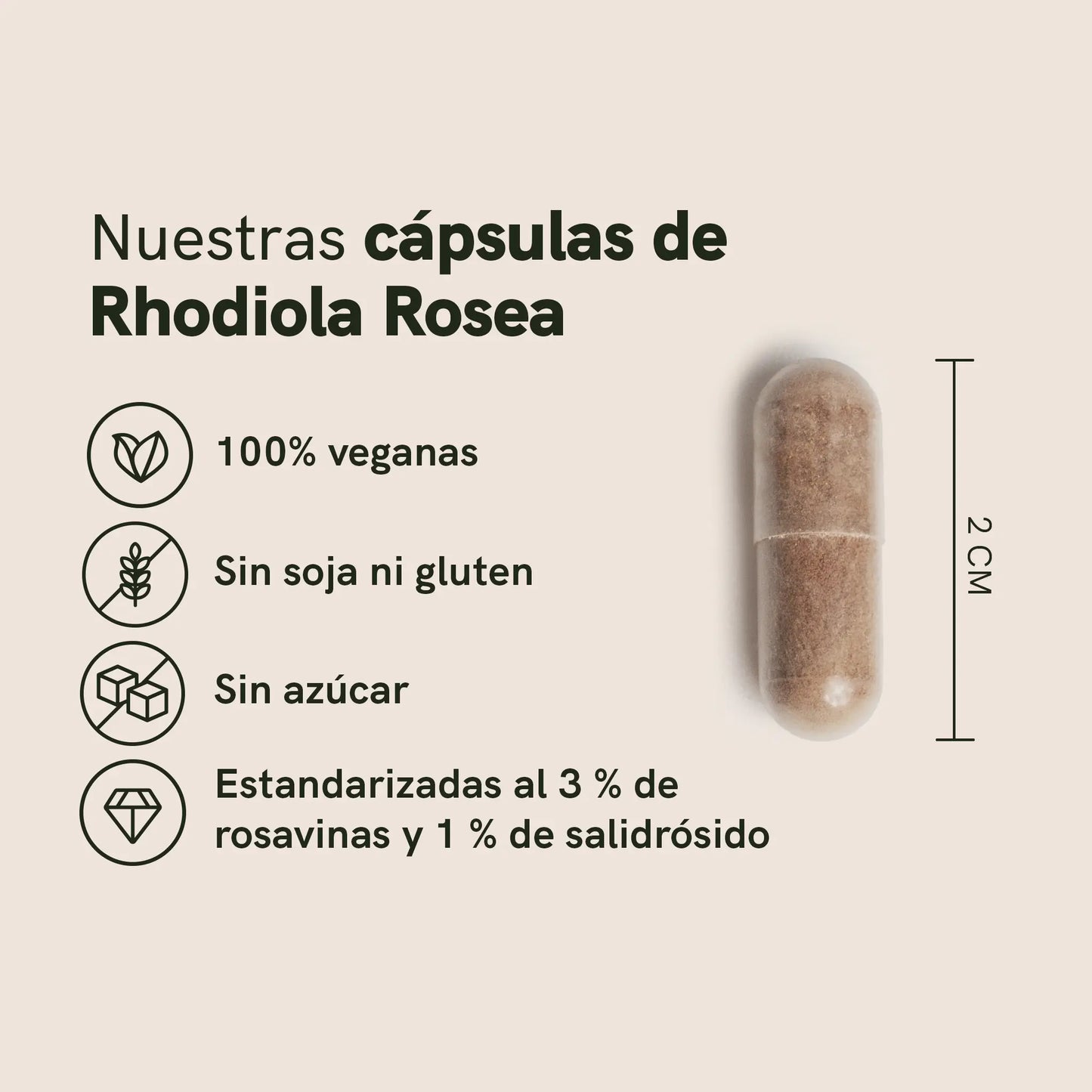 Infografía de cápsulas de Rhodiola Rosea: 100% veganas, sin soja ni gluten, sin azúcar y estandarizadas al 3% de rosavinas y 1% de salidrósido