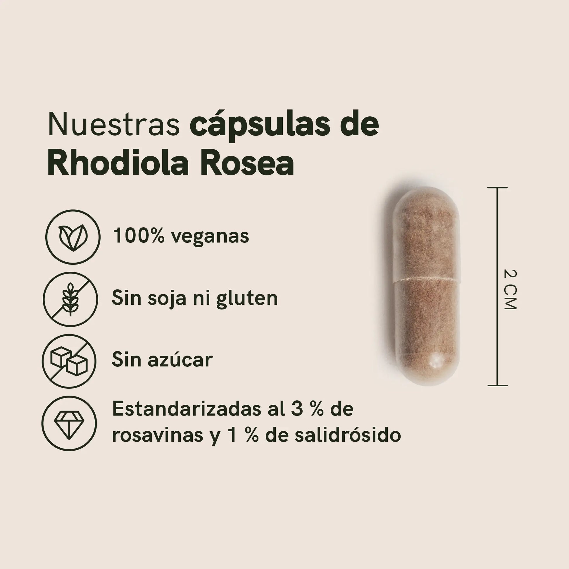 Infografía de cápsulas de Rhodiola Rosea: 100% veganas, sin soja ni gluten, sin azúcar y estandarizadas al 3% de rosavinas y 1% de salidrósido