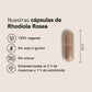 Infografía de cápsulas de Rhodiola Rosea: 100% veganas, sin soja ni gluten, sin azúcar y estandarizadas al 3% de rosavinas y 1% de salidrósido