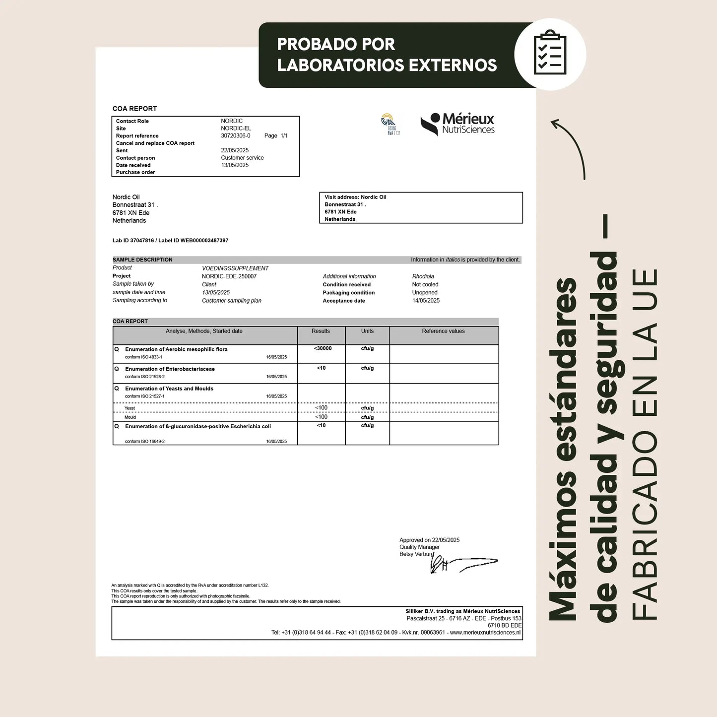 Certificado de análisis (COA) de Nordic Oil, elaborado por un laboratorio externo