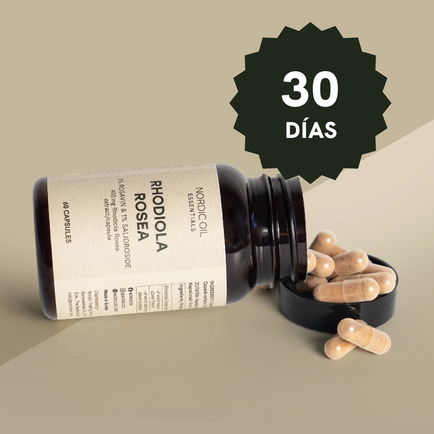 Frasco de Nordic Oil Rhodiola Rosea tumbado con cápsulas alrededor y distintivo 30 DÍAS