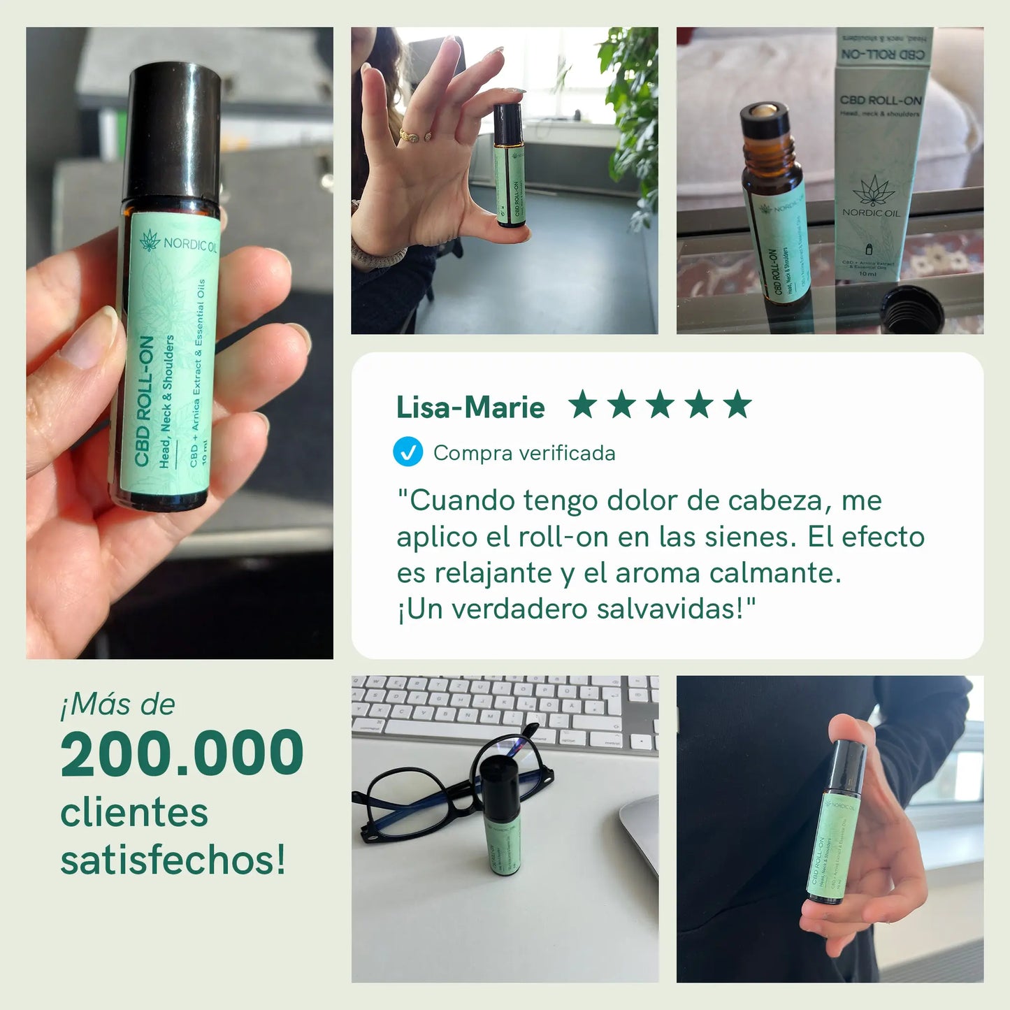 Collage promocional de Nordic Oil CBD Roll-On con varias imágenes de la botella y una reseña de cliente.