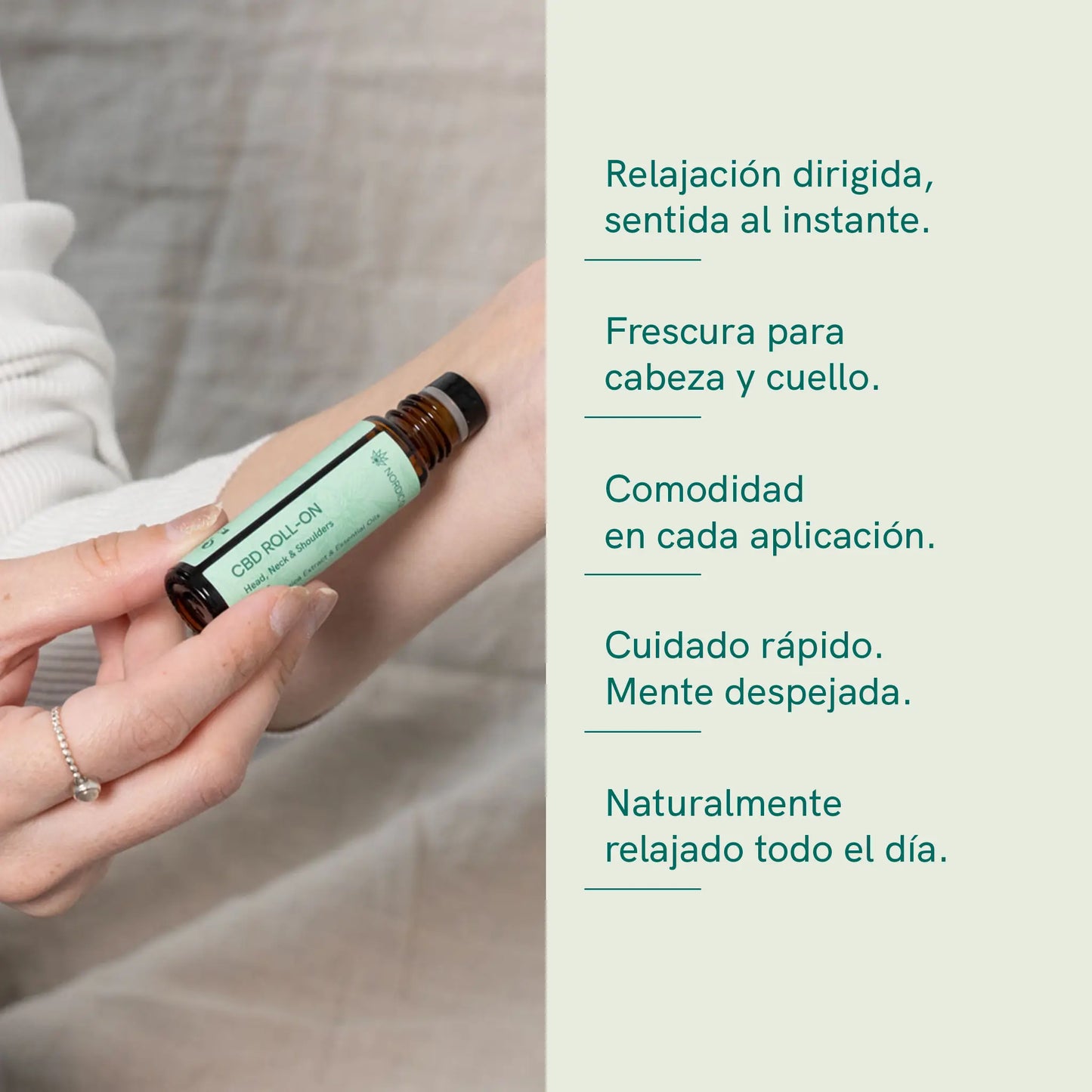 Botella de CBD Roll-On de Nordic Oil siendo aplicada en el antebrazo.