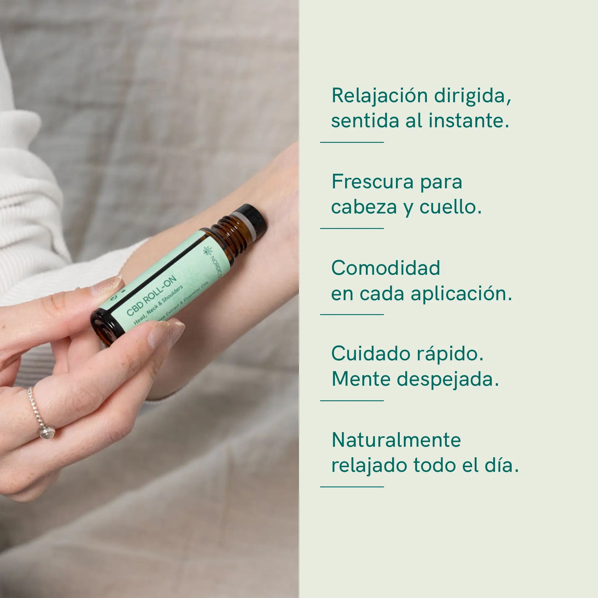 Botella de CBD Roll-On de Nordic Oil siendo aplicada en el antebrazo.
