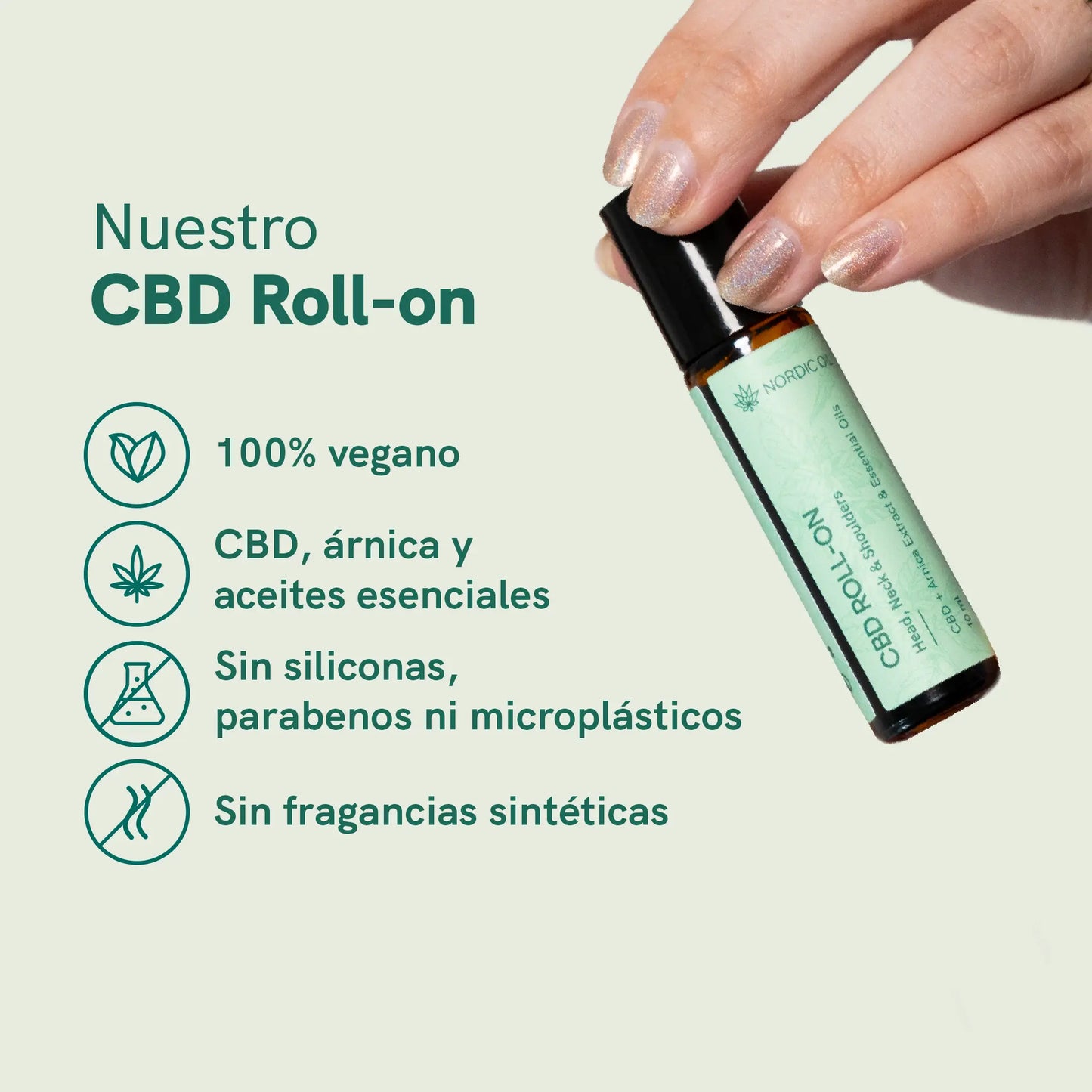 Roll-on de CBD Nordic Oil sostenido por una mano, con lista de características en verde (100% vegano; CBD, árnica y aceites esenciales; sin siliconas ni parabenos)
