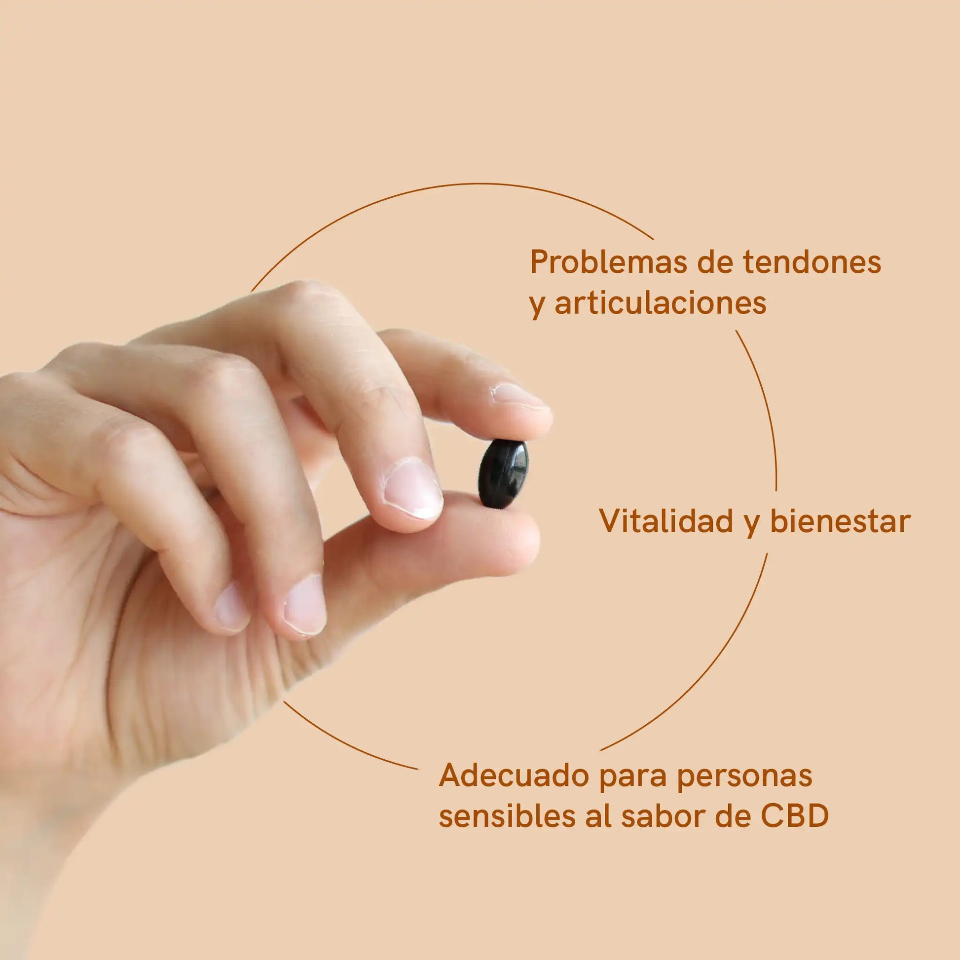 un mano sostiene una softgel con descripción: Problemas de tendones y articulaciones; vitalidad y bienestar; adecuado para personas sensibles al sabor de cbd 