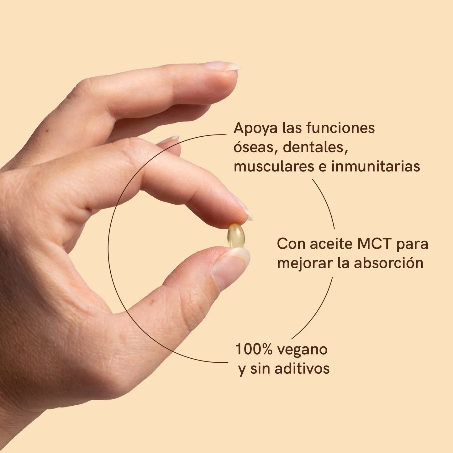 un mano sostiene una softgel con descripción: Apoya las funciones óseas, dentales, musculares e inmunitarias; Cn aceite MCT para mejorar la absorción; 100% vegano y sin aditivos