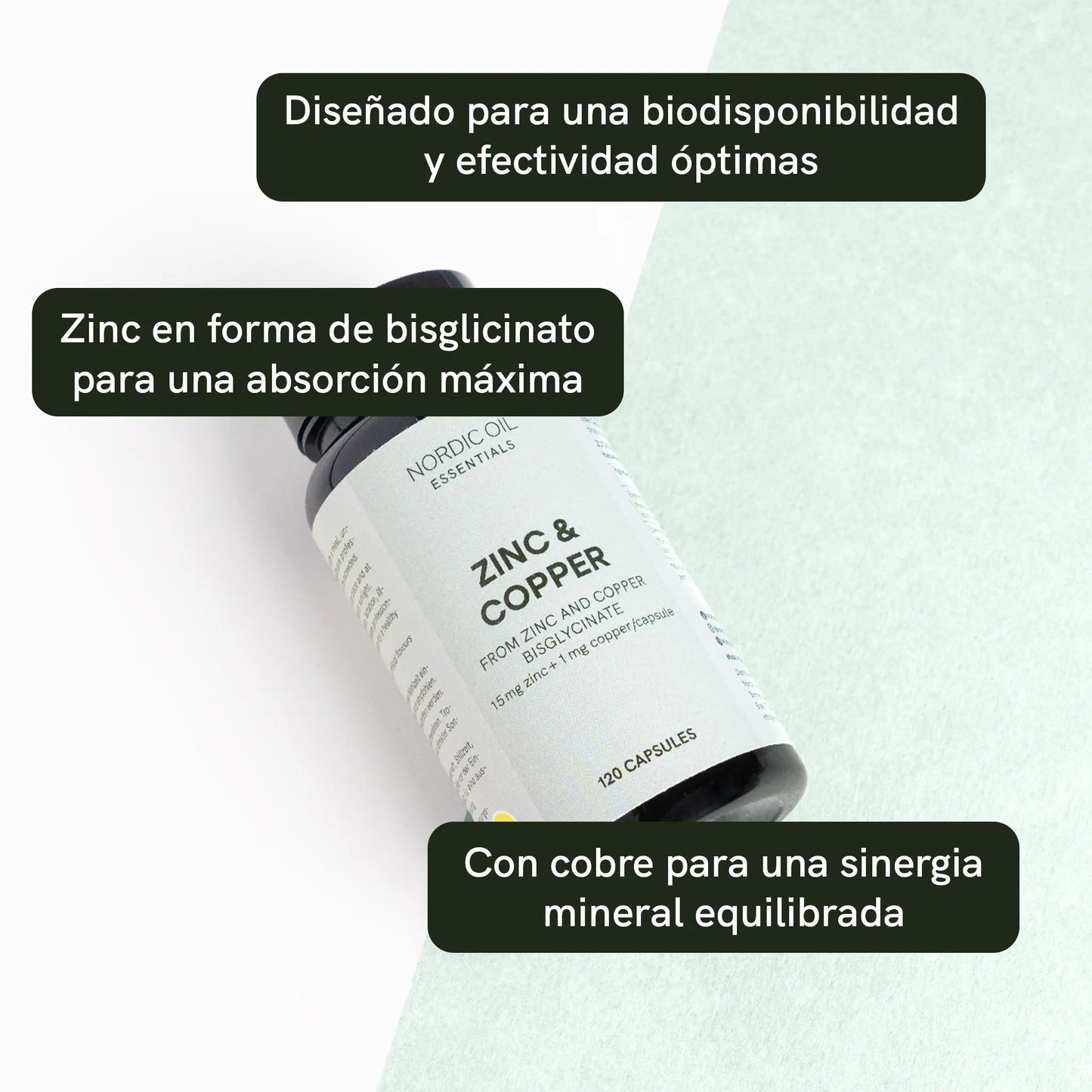 Frasco de suplementos Zinc & Copper (bisglicinato) de Nordic Oil Essentials, sobre fondo blanco y verde menta.
