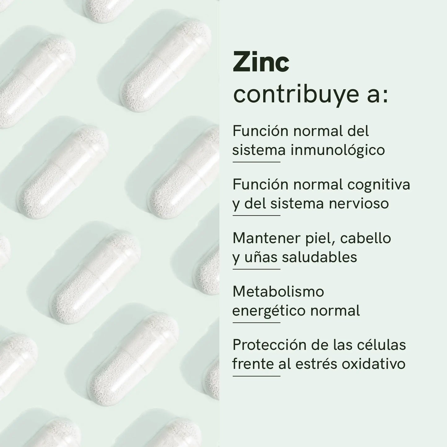 Cápsulas blancas de zinc sobre un fondo verde con texto que describe sus beneficios.
