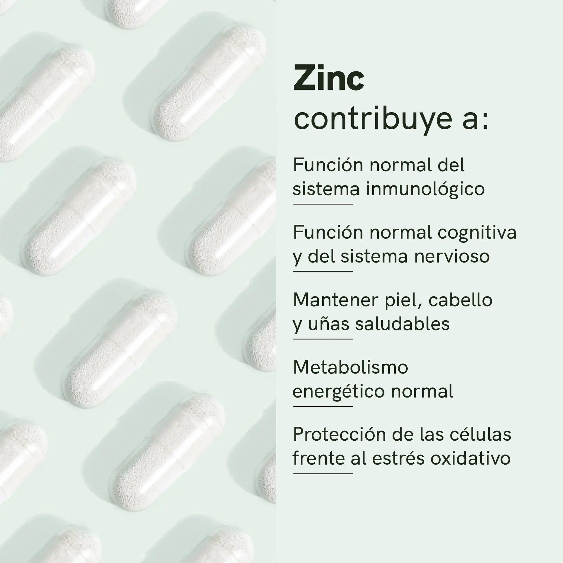 Cápsulas blancas de zinc sobre un fondo verde con texto que describe sus beneficios.