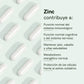 Cápsulas blancas de zinc sobre un fondo verde con texto que describe sus beneficios.