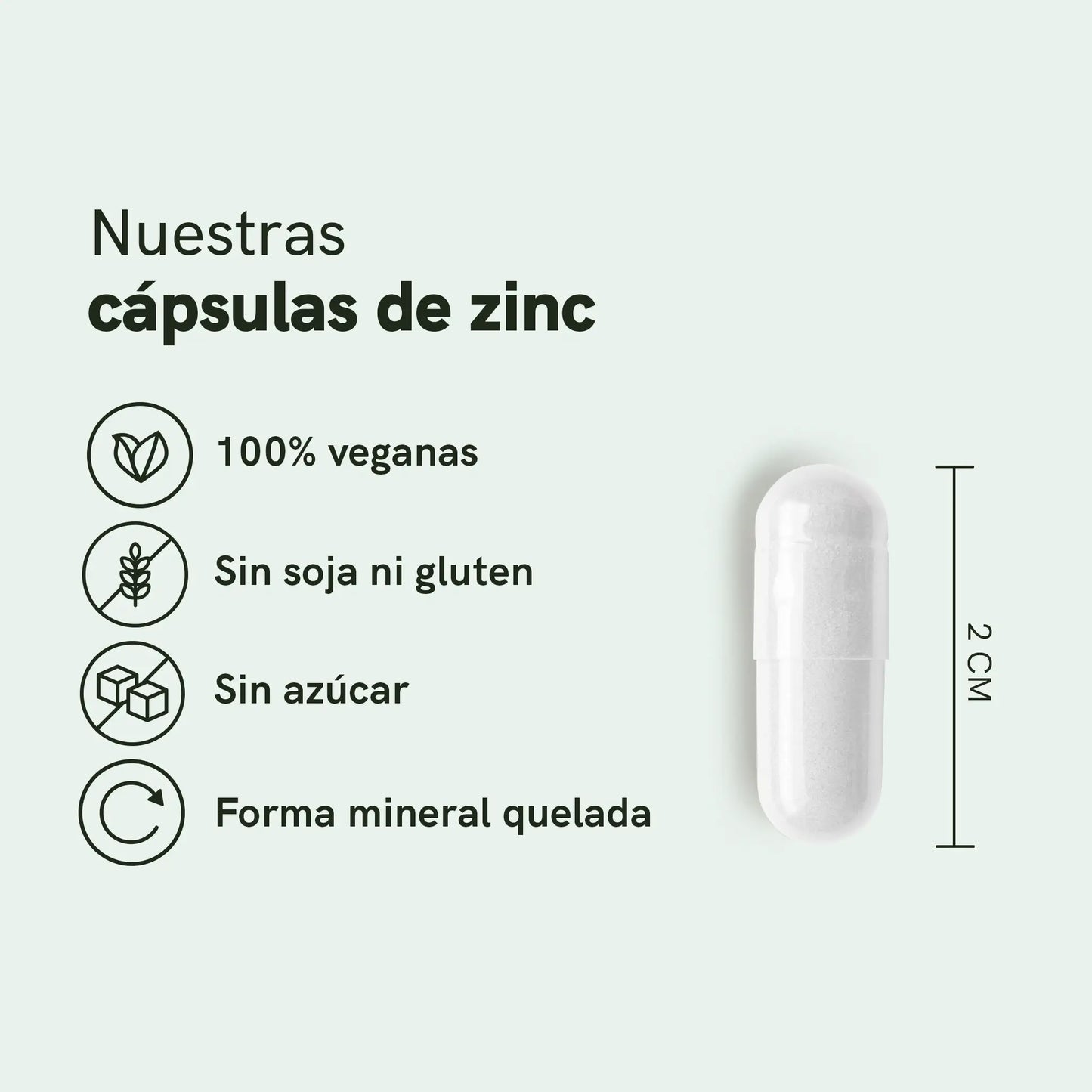 Gráfico promocional de cápsulas de zinc: 100% veganas, sin soja ni gluten, sin azúcar y forma mineral quelada