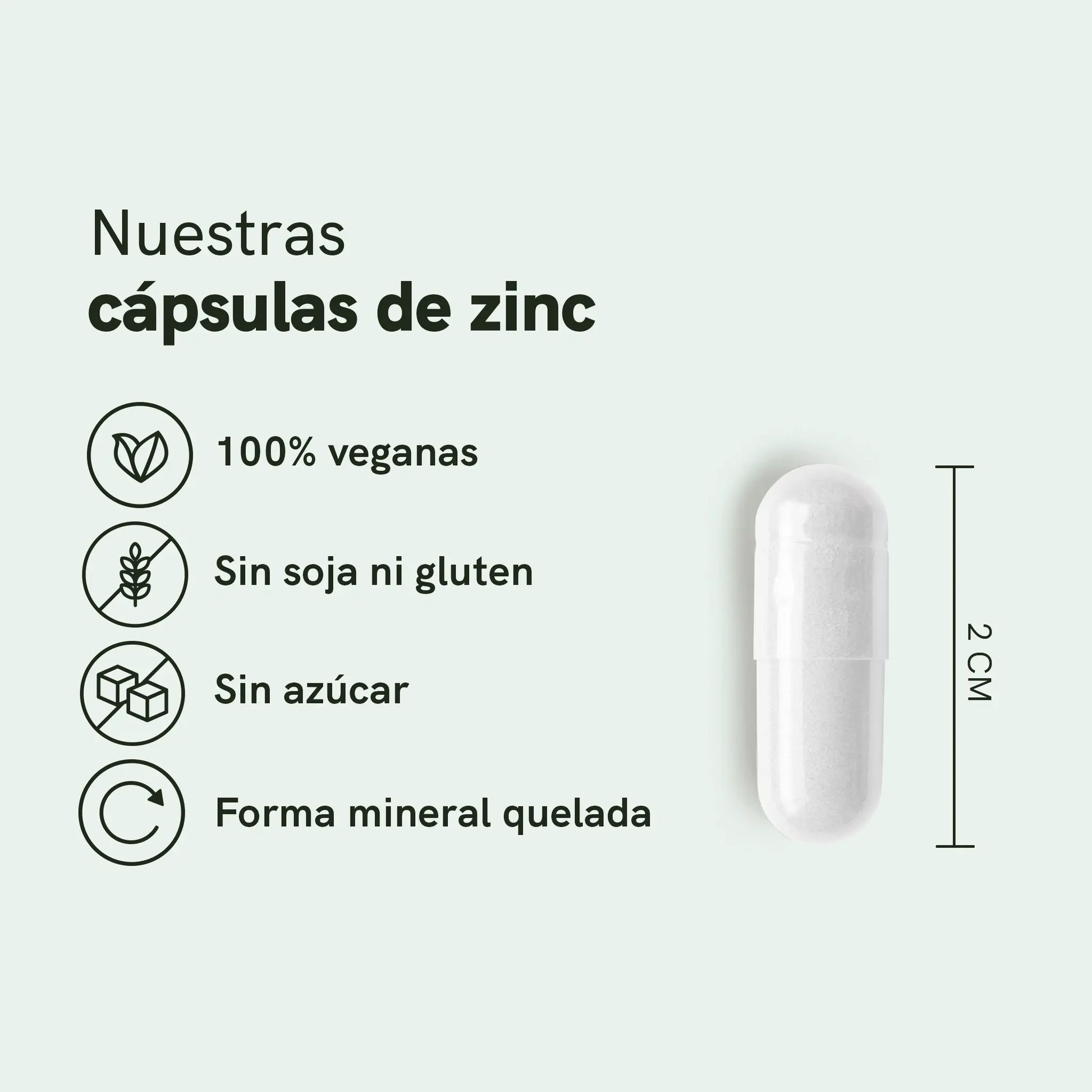 Gráfico promocional de cápsulas de zinc: 100% veganas, sin soja ni gluten, sin azúcar y forma mineral quelada
