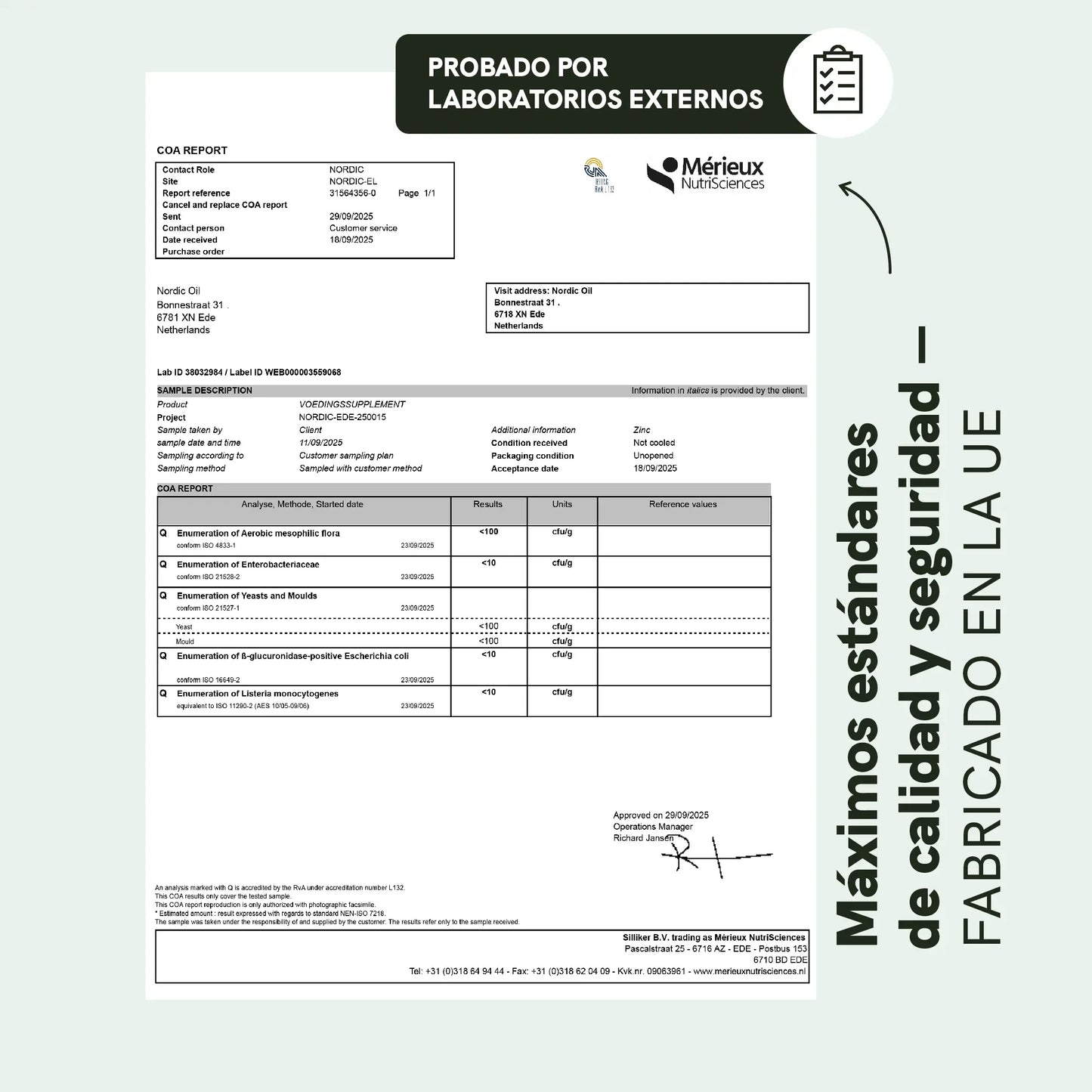 Informe de análisis (COA) de Nordic Oil realizado por laboratorios externos